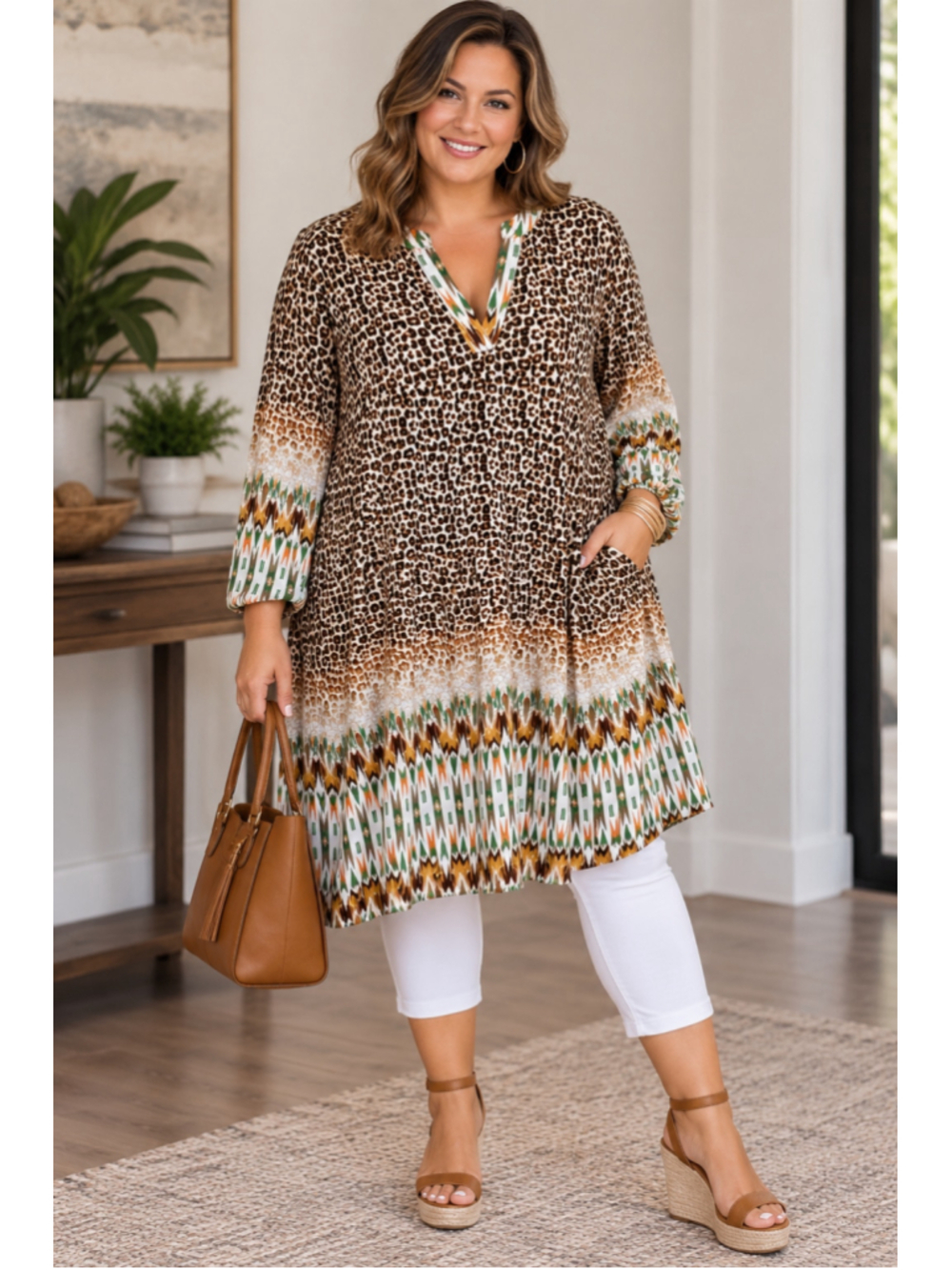 New Directions Midi Dress Brown Leopard Print Women’s Size L